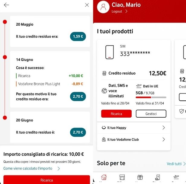 Vedere credito su telefono app Vodafone