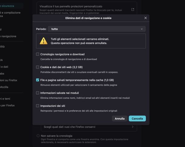 Svuotare cache Firefox PC