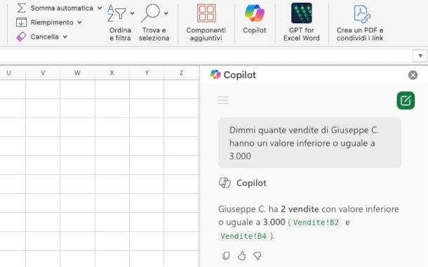 esempio utilizzo Copilot in Excel per conteggio occorrenze
