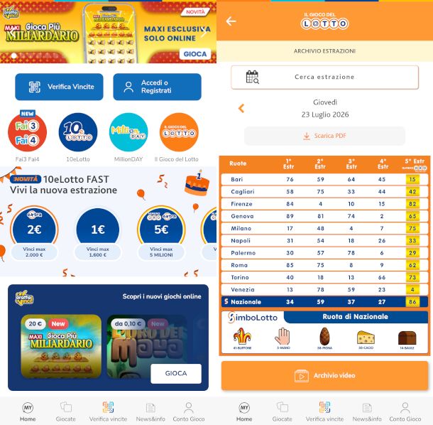schermate app MyLotteries per verifica estrazioni