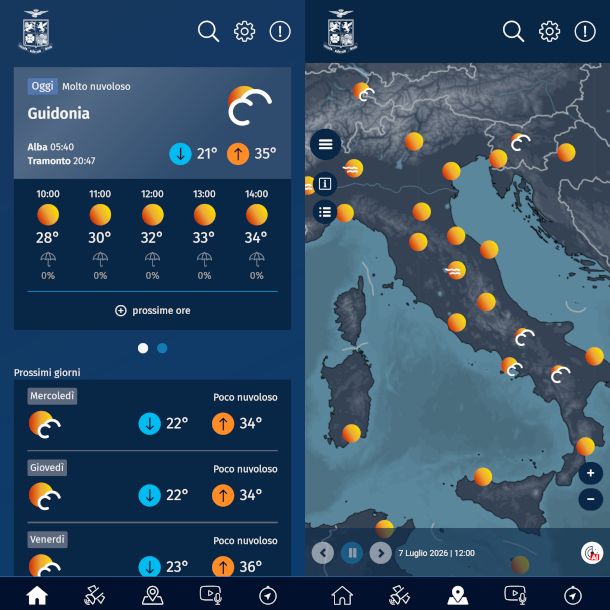 schermate app Aeronautica Militare meteo