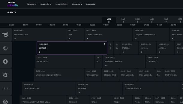 schermata Guida TV sito Mediaset Infinity
