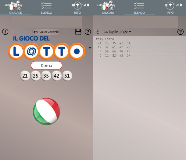 schermate app Lotto Italia
