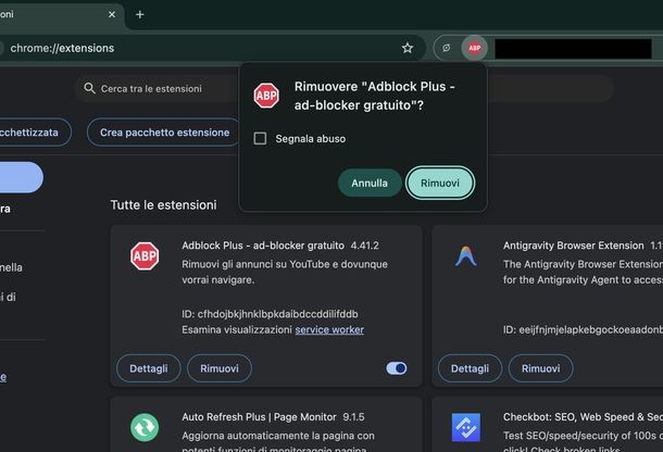 Disinstallare estensioni Chrome