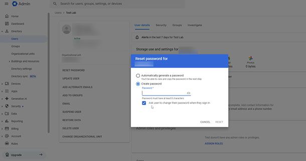Reset password utente Google Classroom