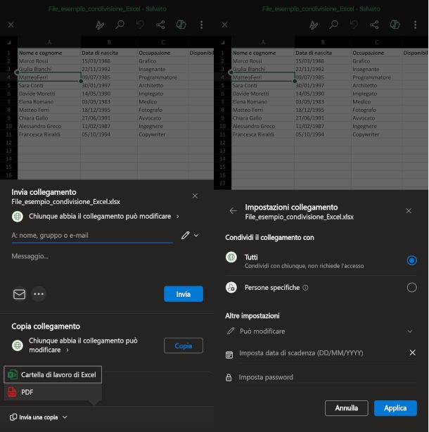 condivisione su app Excel per Android