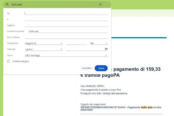 ricerca email con ricevuta bollo auto su Gmail
