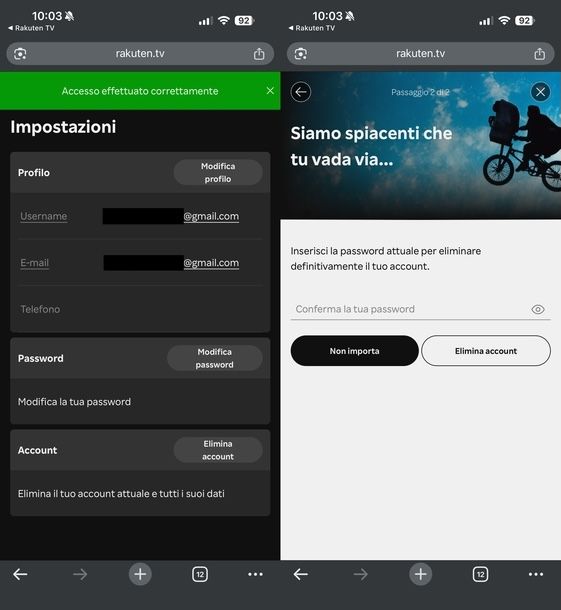 Cancellare account Rakuten TV