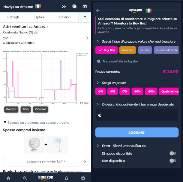 schermate app Keepa
