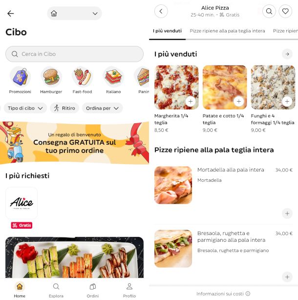 schermate Cibo app Glovo