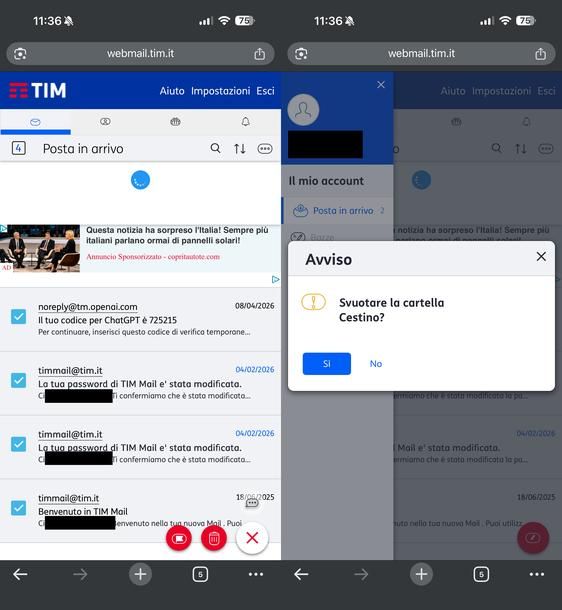 Cancellare tutte le mail da Alice Webmail mobile