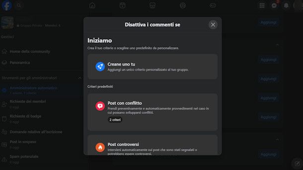 Disattivare commenti post su gruppo Facebook da PC