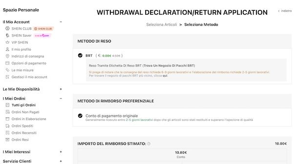 Selezionare metodo di spedizione reso SHEIN