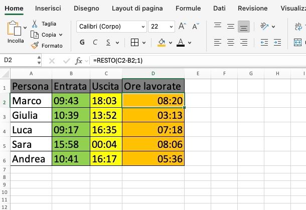 formula per calcolo ore di lavoro