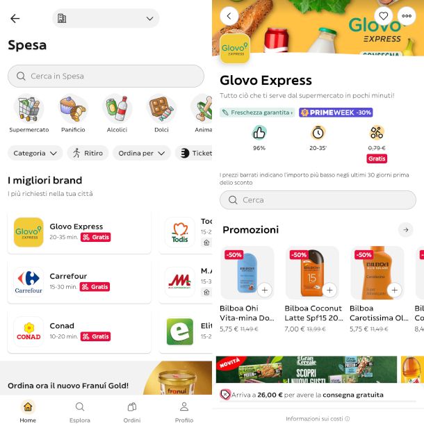 schermata Spesa e Glovo Express su app Glovo