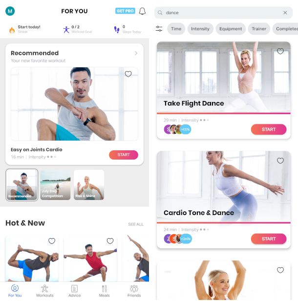 schermate app FitOn ricerca lezione di ballo