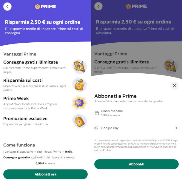 schermate attivazione Glovo Prime