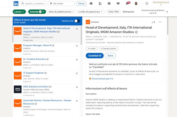 inserzione lavoro Amazon su LinkedIn