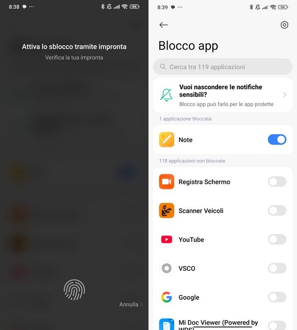 Blocco app con impronta digitale
