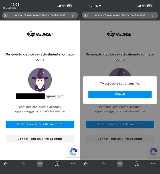 Associare Smart TV ad account Mediaset Infinity