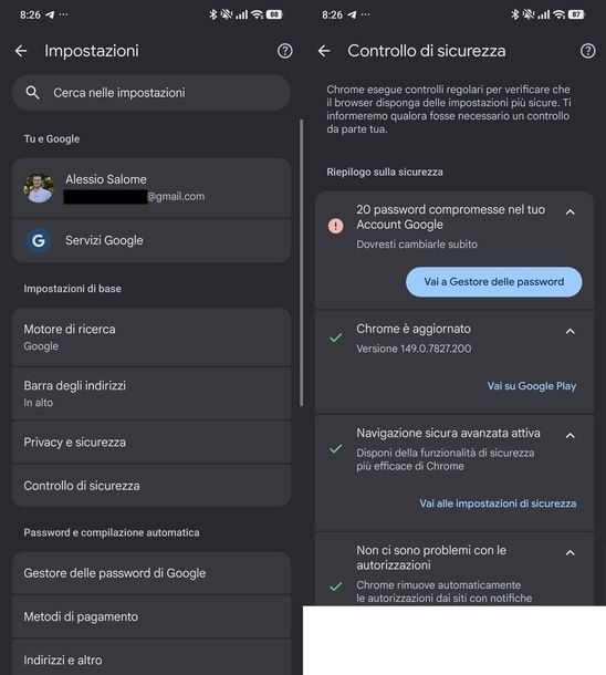 Effettuare controllo sicurezza Chrome Android