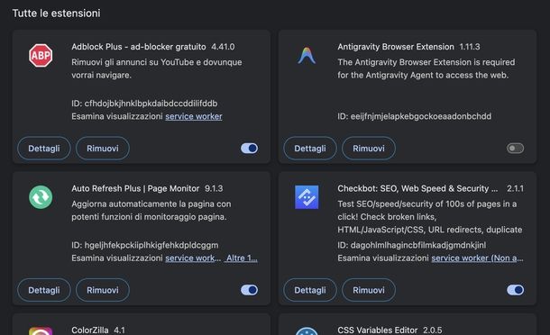 Disinstallare estensioni Chrome