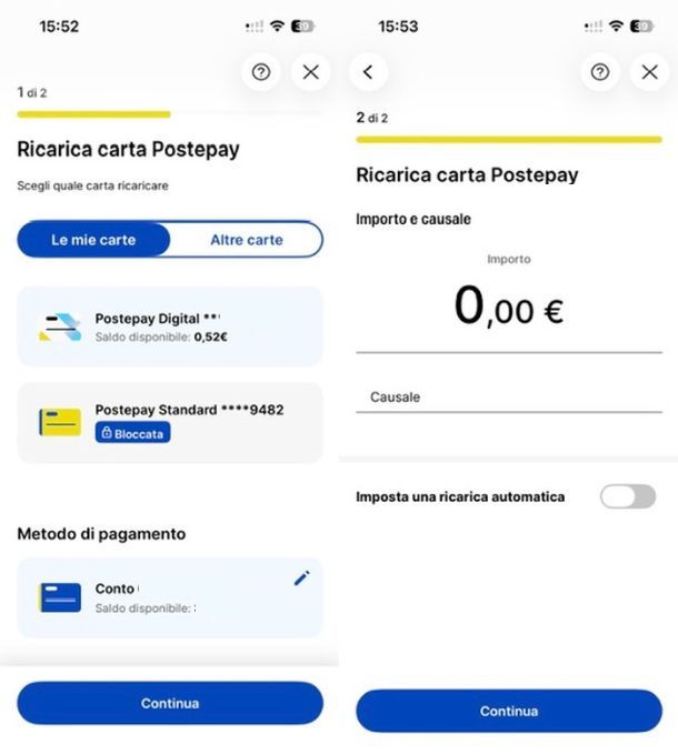 Ricaricare dal conto corrente