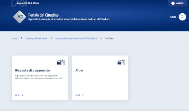 funzione per richiedere ricevuta bollo auto da portale ACI