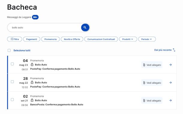 ricerca bollo auto su area Bacheca sito Poste.it