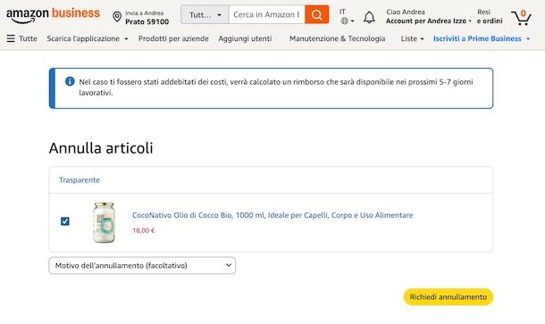 Annullare ordine Amazon Business