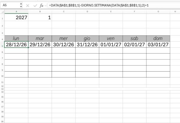 predisposizione calendario dinamico su Excel