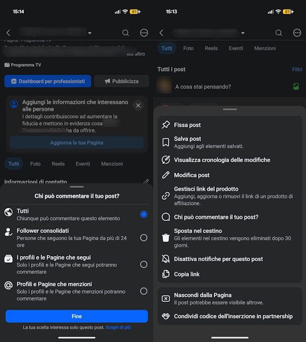 Disattivare commenti post su pagina Facebook