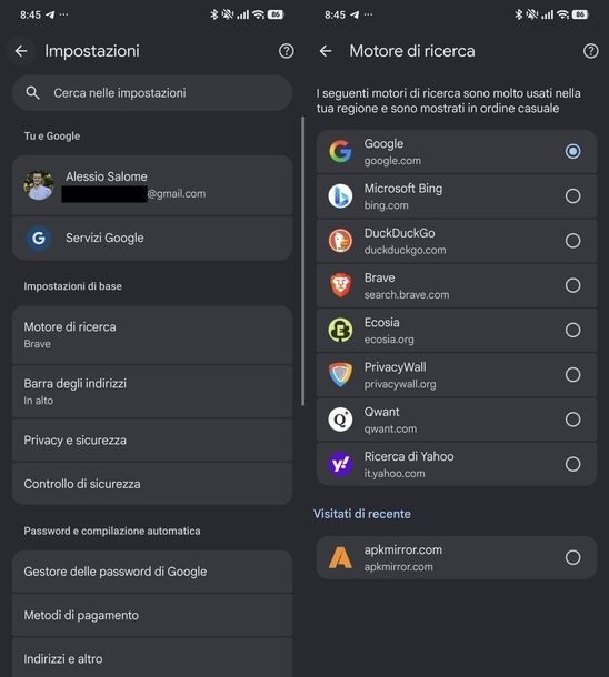 Ripristinare motore di ricerca Chrome Android