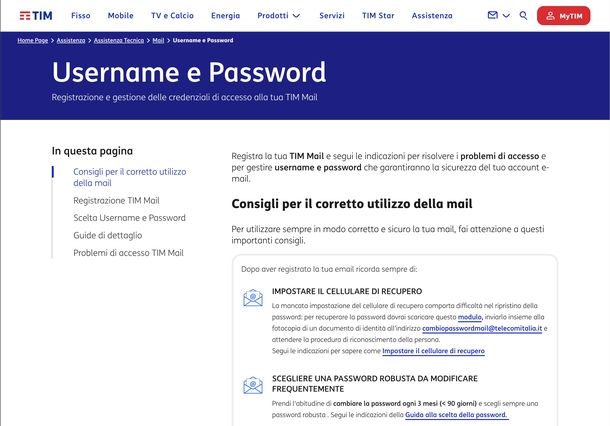 Pagina assistenza sito TIM