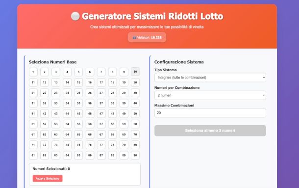 schermata Generatore di sistemi sito GigiLotto