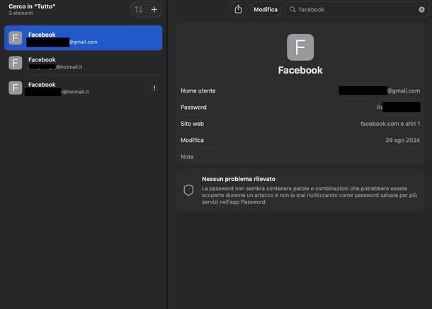 Trovare password Facebook macOS