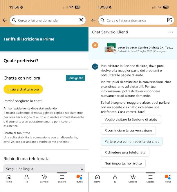 Come chattare con amazon
