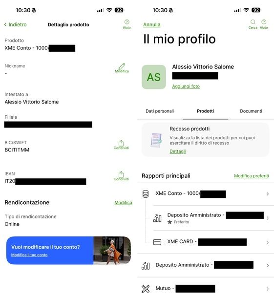 Vedere IBAN su app Intesa Sanpaolo sezione Il mio profilo