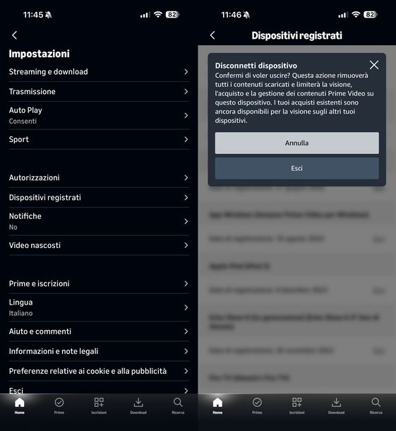 Rimuovere dispositivo registrato da Amazon Prime Video iOS