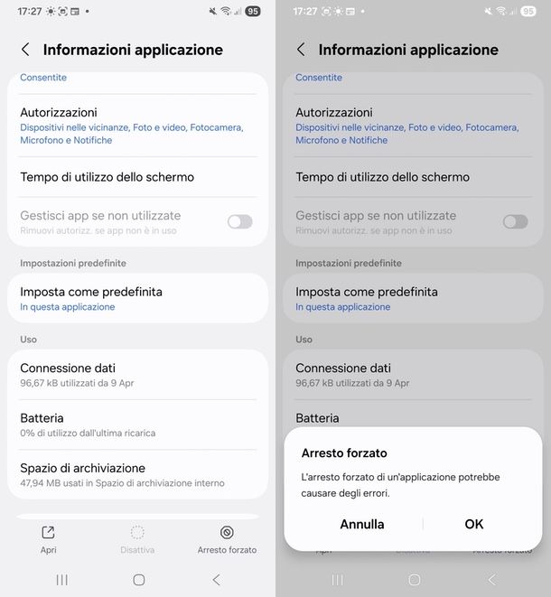 chiusura forzata app Samsung