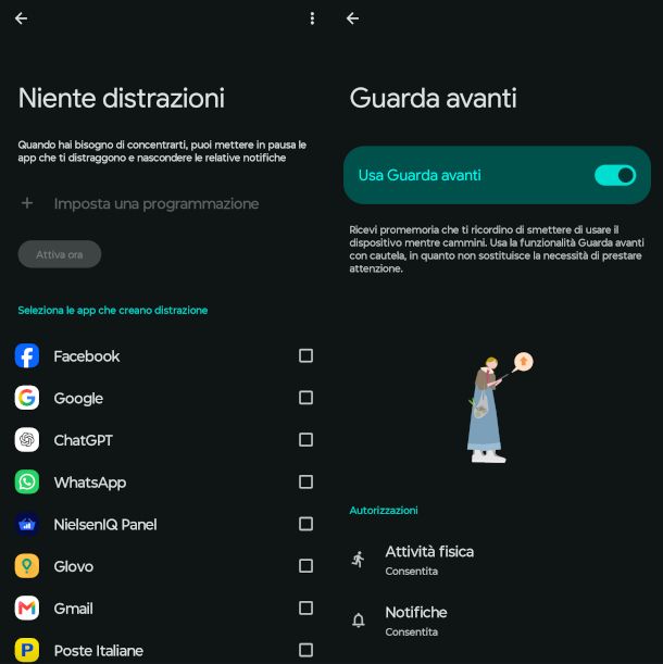 schermate funzioni Niente Distrazioni e Guarda avanti app Benessere Digitale