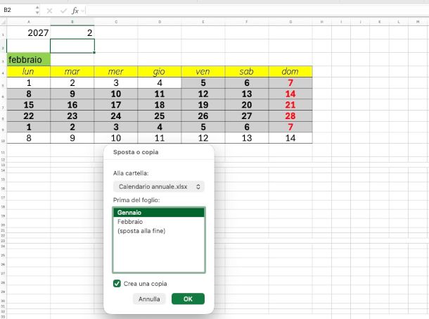 creazione calendario perpetuo su un nuovo foglio