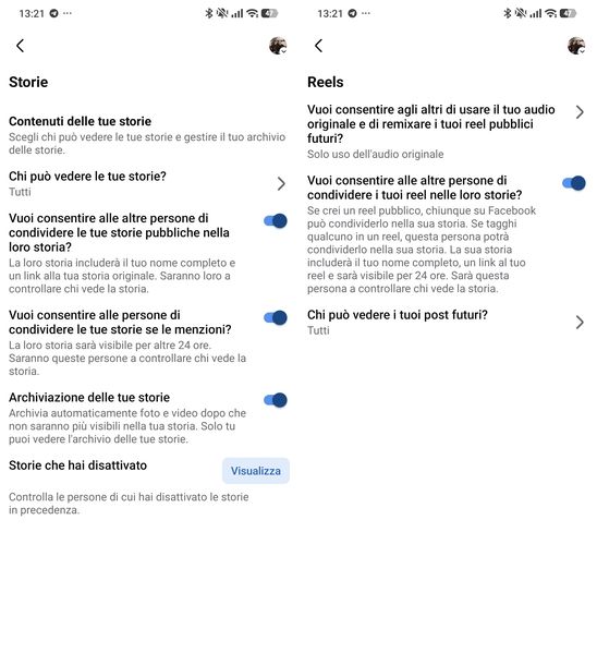 Gestire privacy Storie Reels profilo Facebook
