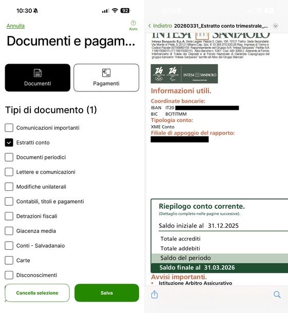 Vedere IBAN su app Intesa Sanpaolo estratto conto