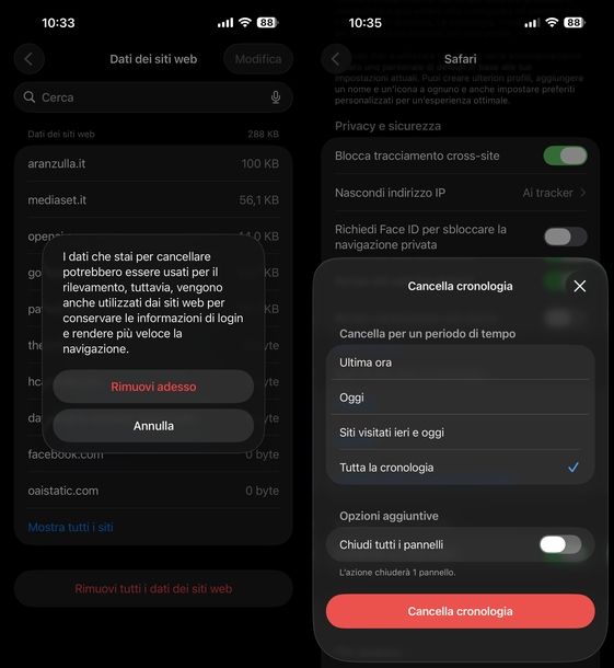 Cancellare cronologia dati siti Web Safari iOS