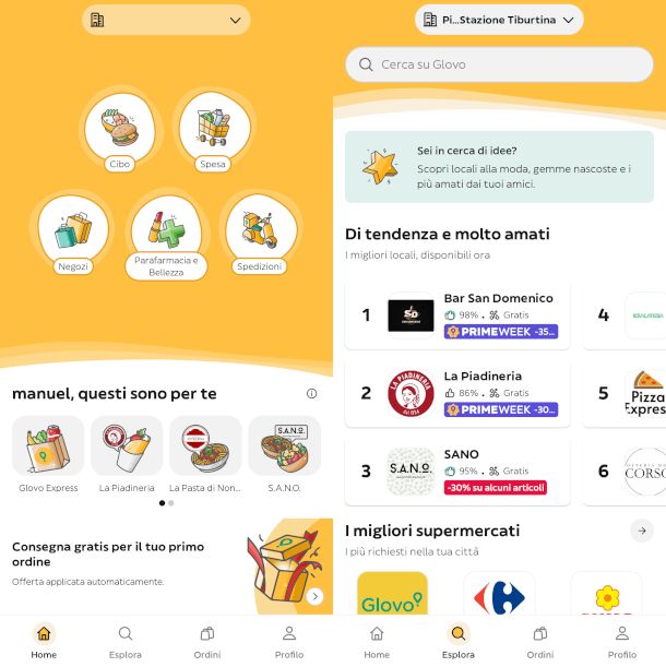 schermate Home ed Esplora app Glovo