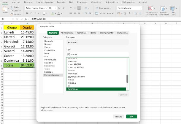 somma di orari su Excel con formattazione della cella con il totale