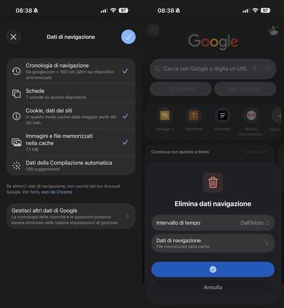 Eliminare dati navigazione Chrome iOS