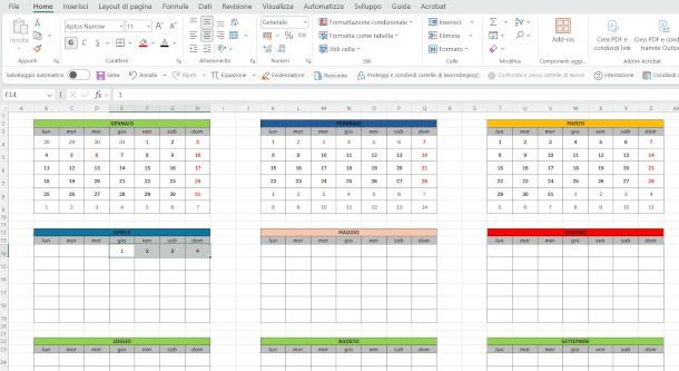 creazione griglia calendario annuale su Excel