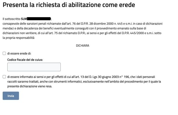 Inviare richiesta abilitazione erede persona deceduta